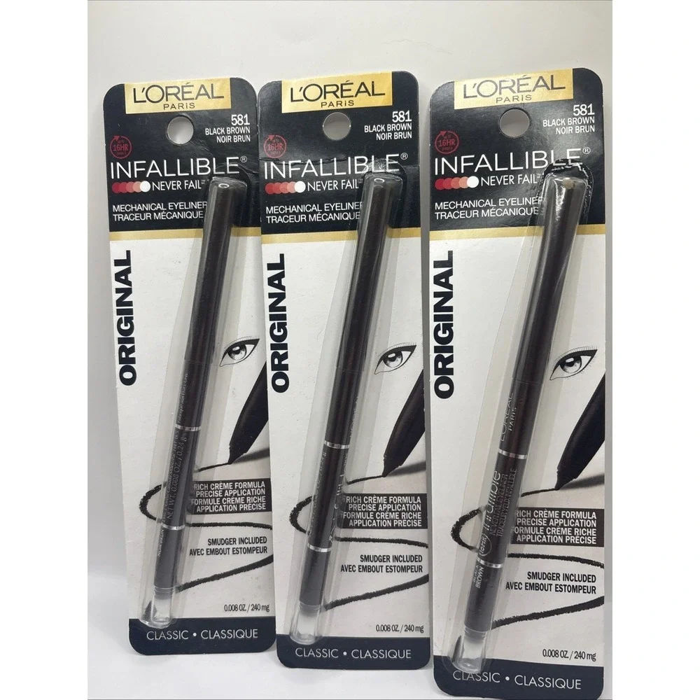 L'Oreal Paris Infallible Pencil Eyeliner + Smudger #581 BLACK BROWN Lot Of 3